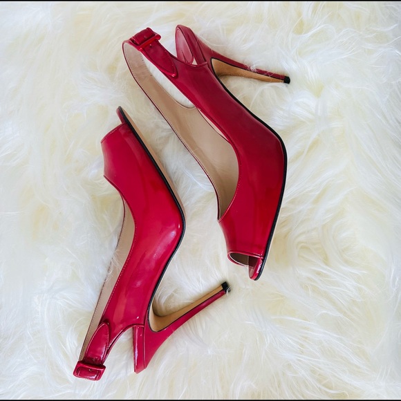 BEAUTIFUL MANOLO BLAHNIK RED PATTEN LEATHER High Heel Open Toe & sling back shoe - Picture 4 of 16